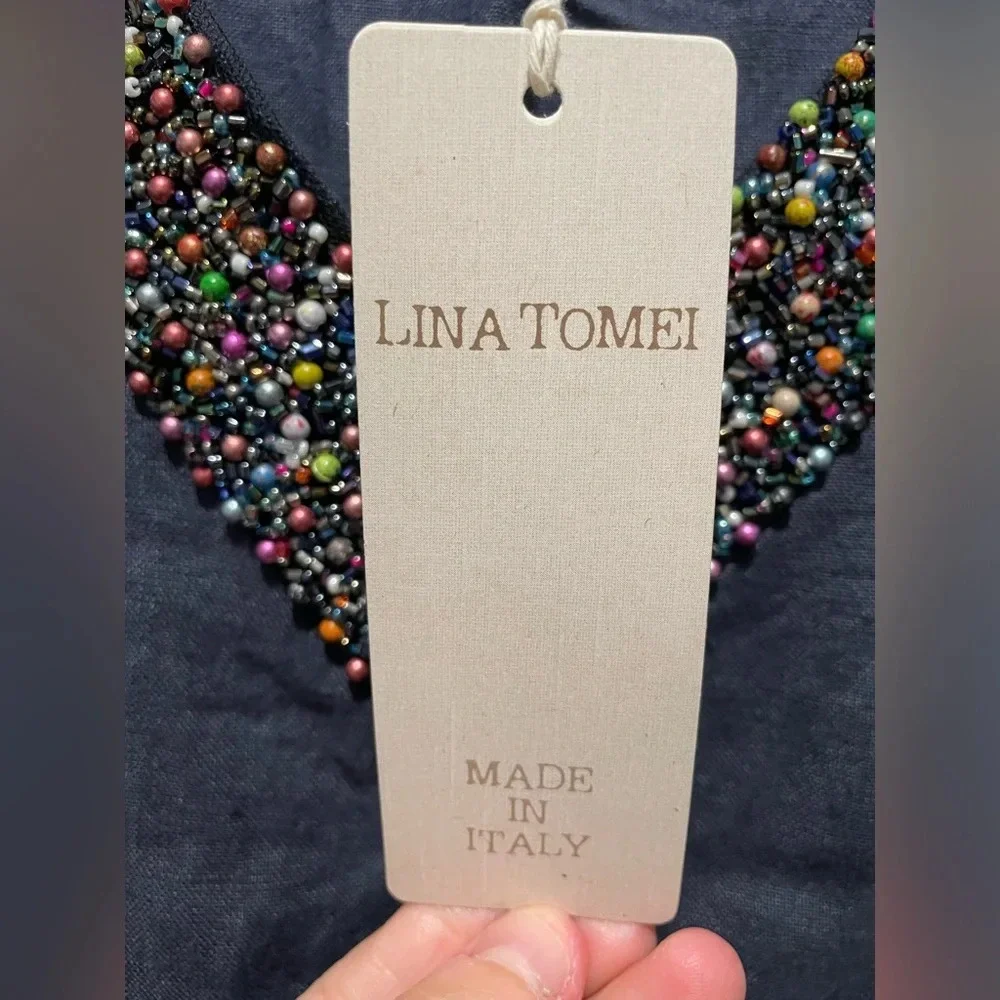 NWT Lina Tomei 100% linen dress with beaded neckline, size small - Picture 9 of 13